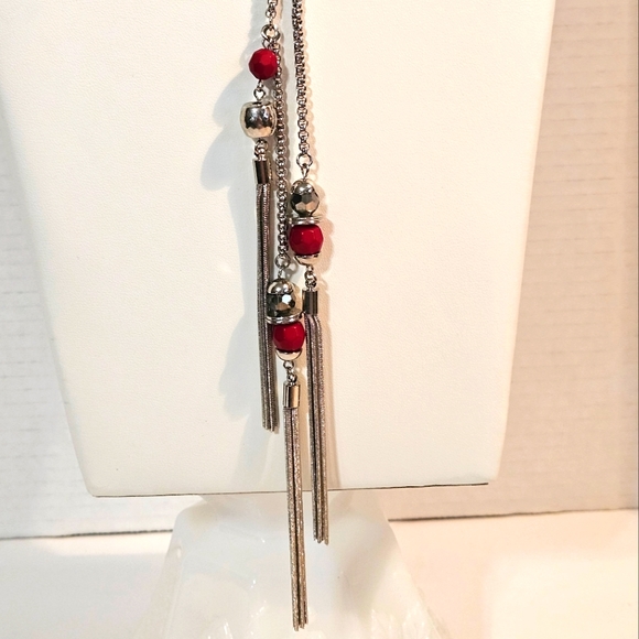 Vintage 80s Jules Long Necklace Lariet Style Red Beads & Smokey Quartz Crystals - Picture 7 of 16